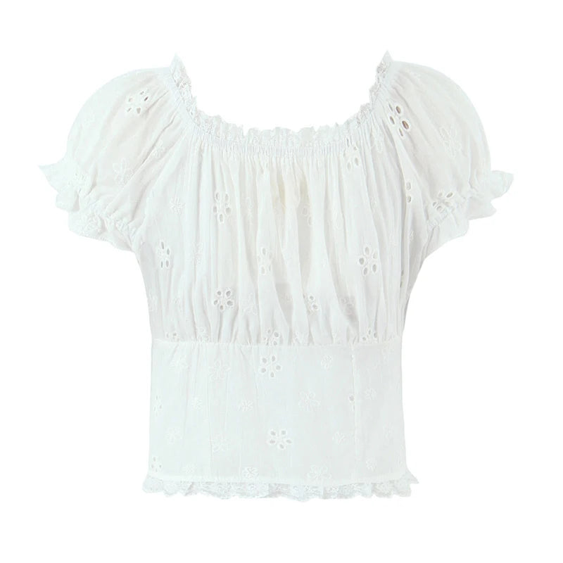 Embroidery Floral Crop White Shirt