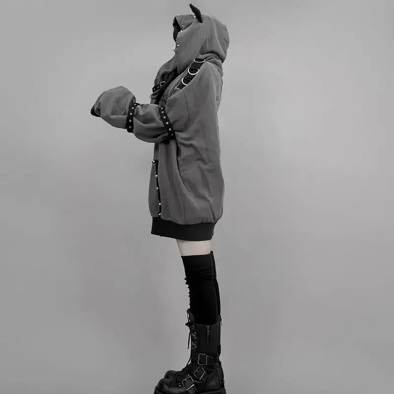 Y2K Gothic Cat Ear Zip Hoodie