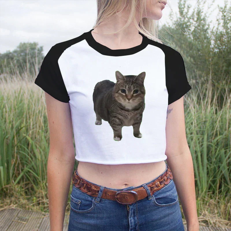 Casual White Basic Cat Print T-Shirt