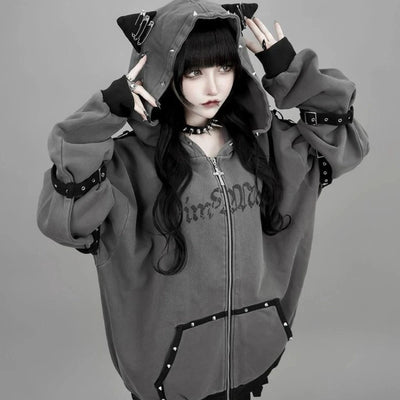 Y2K Gothic Cat Ear Zip Hoodie
