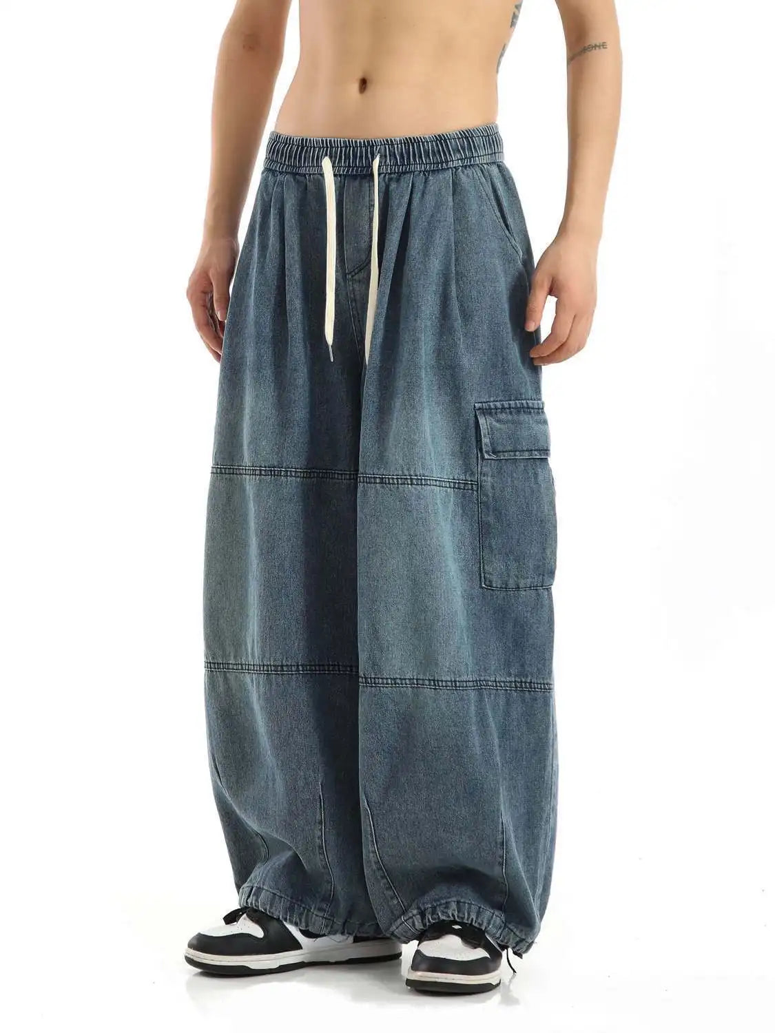 Drawstring Faded Wide Leg Cargo Jeans