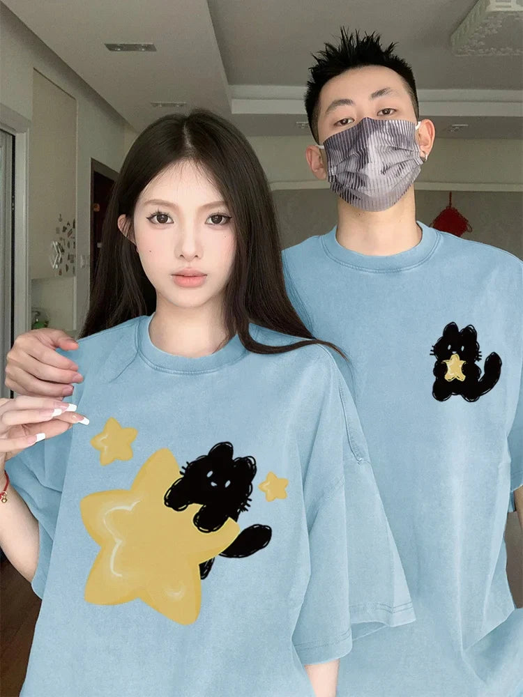 Gelbes Sternkatzen-Oversized-T-Shirt