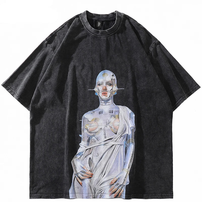 Vintage Robot Graphic Black Oversized T-Shirt