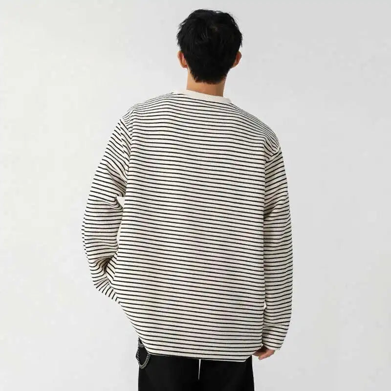 Korean Spring Striped Round Collar Casual T-Shirt