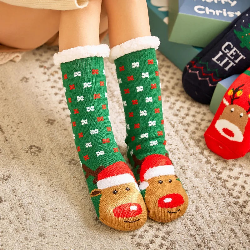 Calcetines cálidos de invierno para mujer, de felpa de pingüino, suaves, antideslizantes, para el suelo, zapatillas, calcetín corto, esponjoso, de ciervo, alce, oso, regalo de Navidad