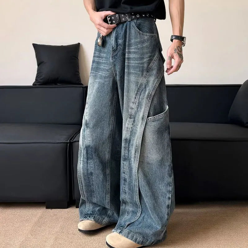 Pleated Curved High Waisted Wide Leg Jeans