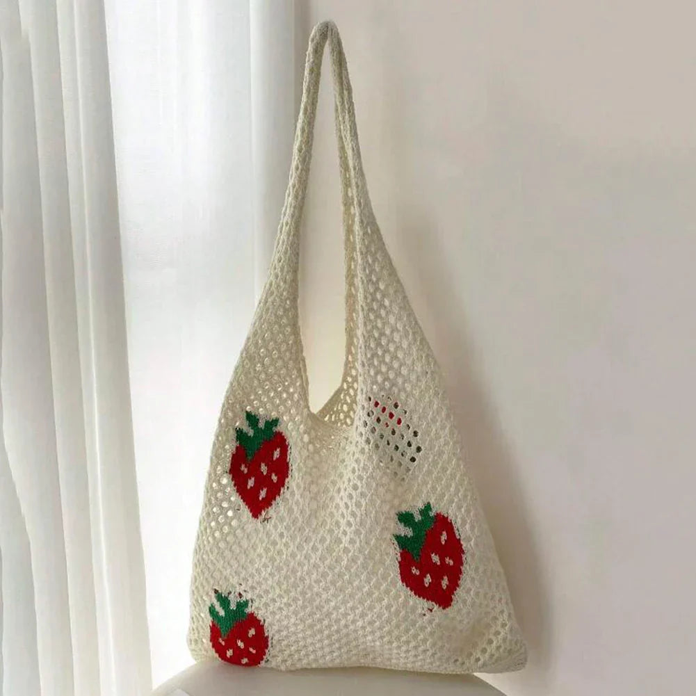 Vintage Strawberry Cherry Pattern Crochet Tote Bag
