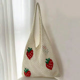 Vintage Strawberry Cherry Pattern Crochet Tote Bag