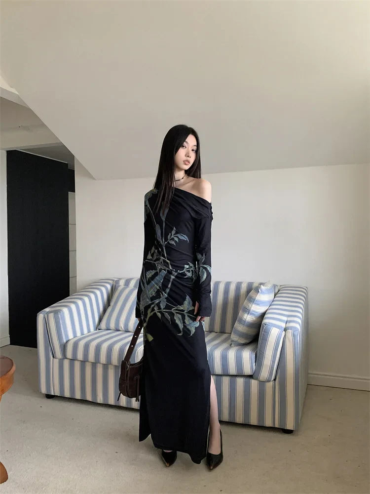 Dark Fairy One Shoulder Floral Maxi Dress