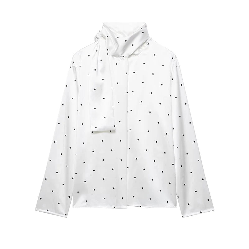 Scarf Style Collar Polka Dot Satin Blouse