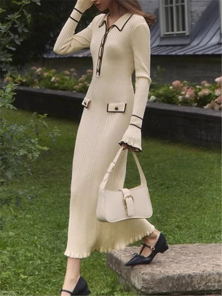 Old Money Knitted Ruffles Maxi Dress