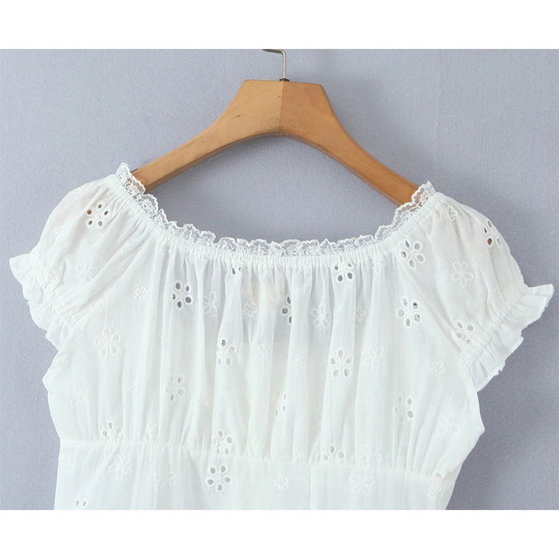Embroidery Floral Crop White Shirt