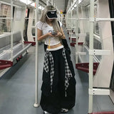Black Plaid Wide Leg Cargo Pants