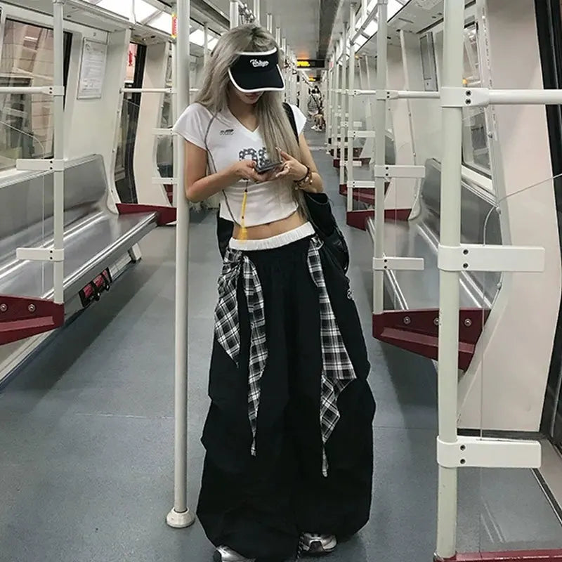 Black Plaid Wide Leg Cargo Pants