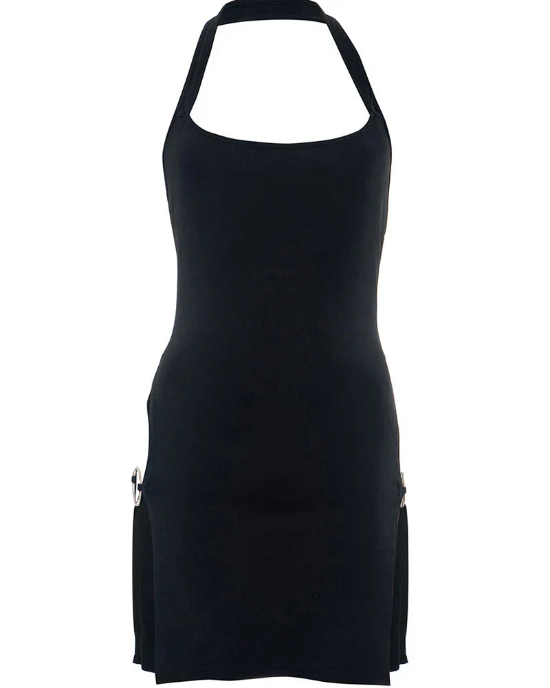 Baddie Solid Color Metal Buckle Mini Dress