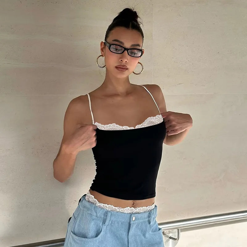 Y2K Off Shoulder Fake Two Piece Cami Black Top
