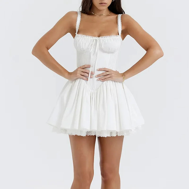 Lace Ruffled Corset White Mini Dress