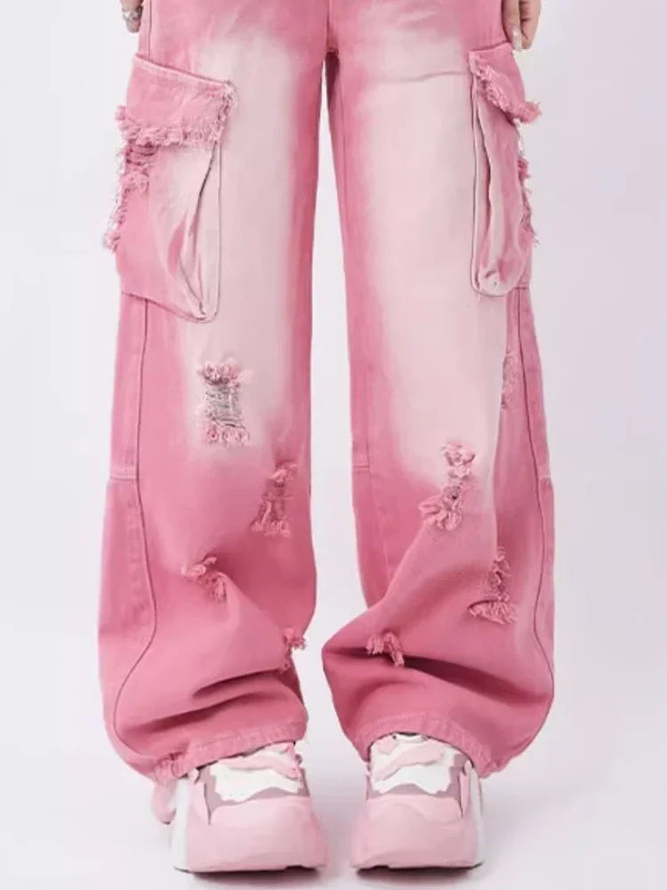 Barbie Core Distressed Cargo Jeans