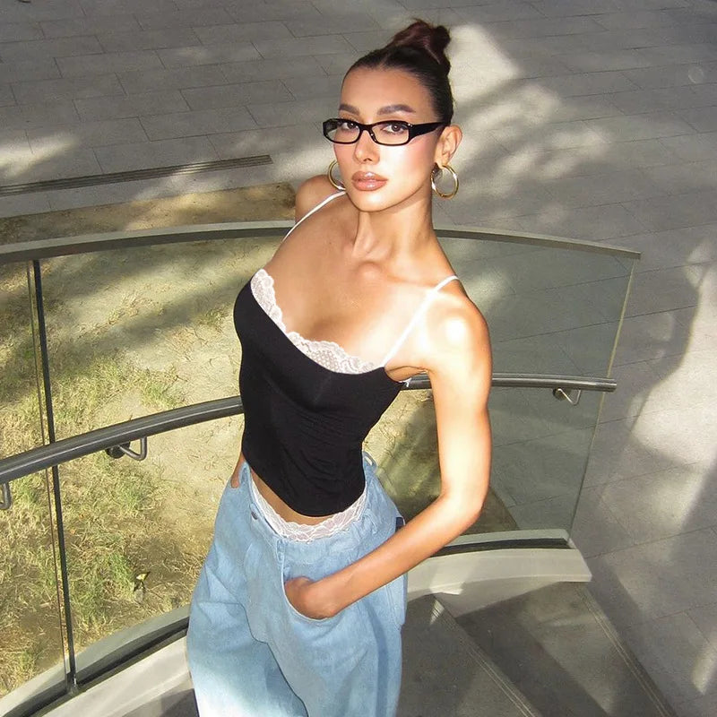 Y2K Off Shoulder Fake Two Piece Cami Black Top