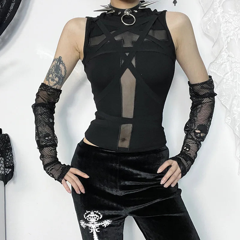 Y2K Cross Strap Sheer Top