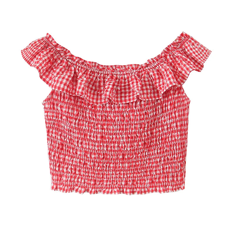 Ruffle Sexy Off Shoulder Red Plaid Blouse