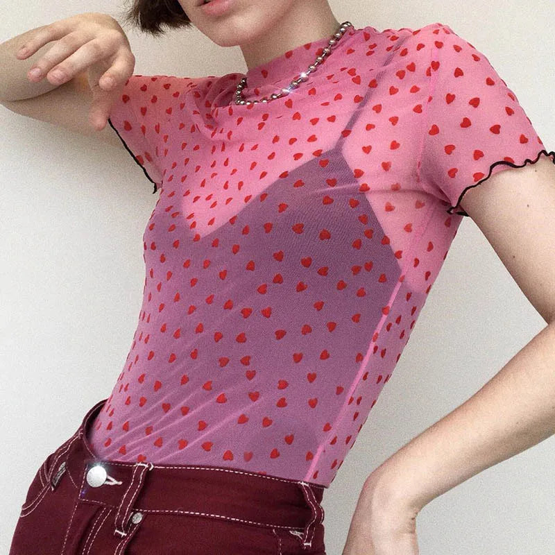 Baddie Heart Mesh Sheer Crop Top