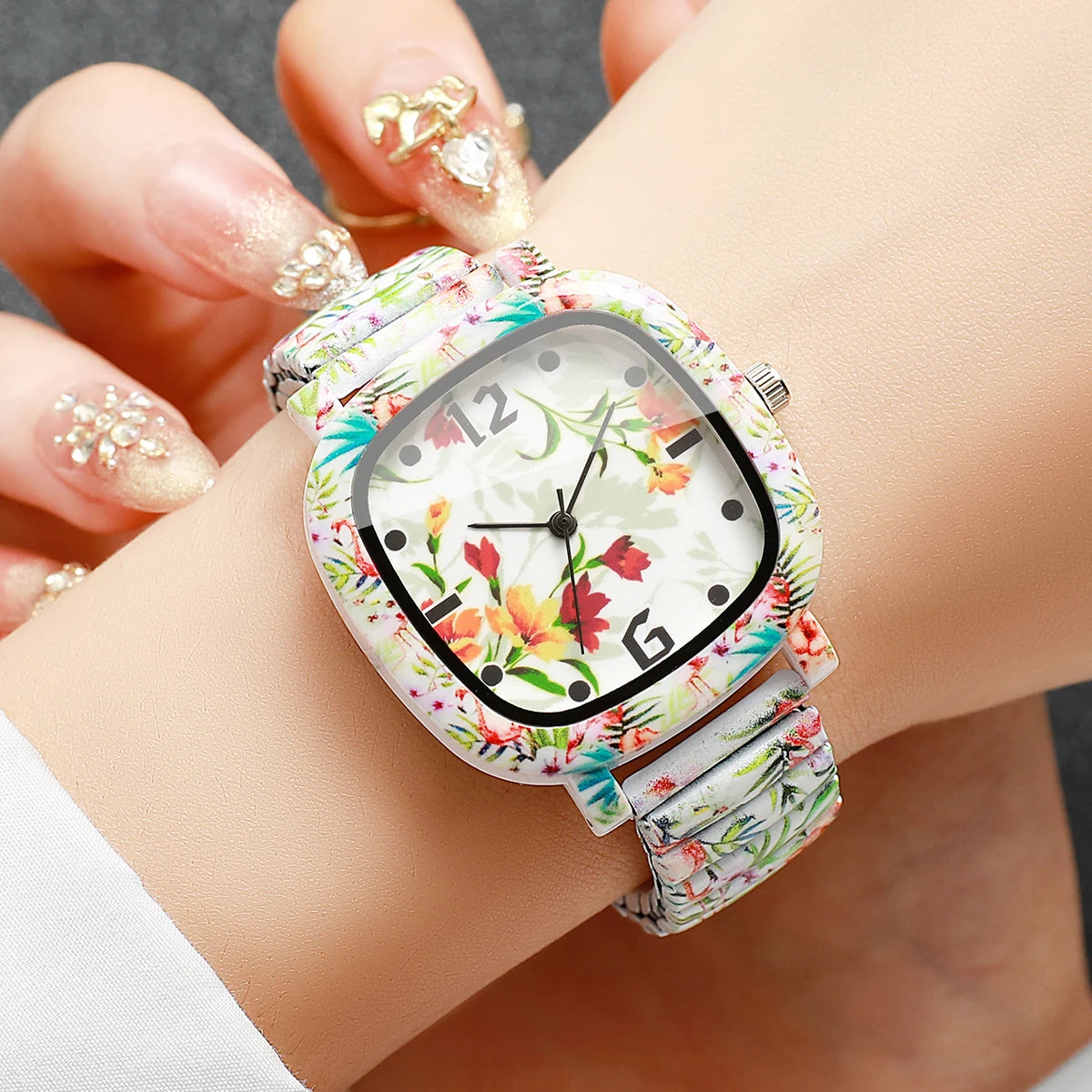 Flowers Printed Square Women's Quartz Watch