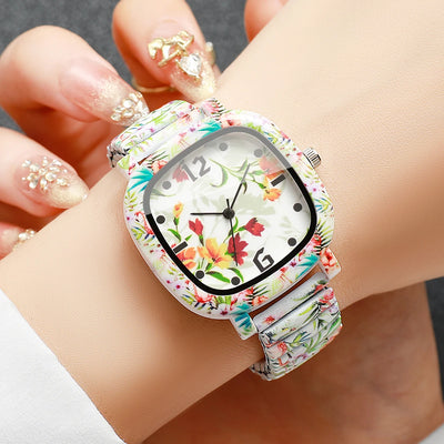 Flowers Printed Square Women's Quartz Watch
