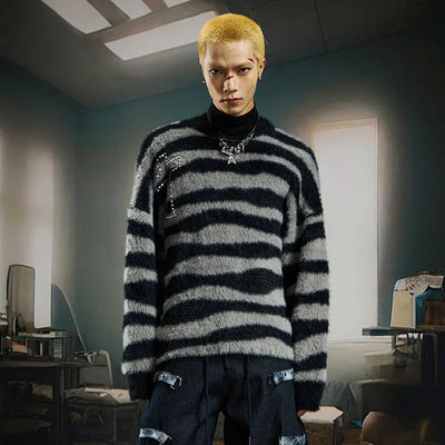 Stripped Zebra Round Fuzzy Sweater