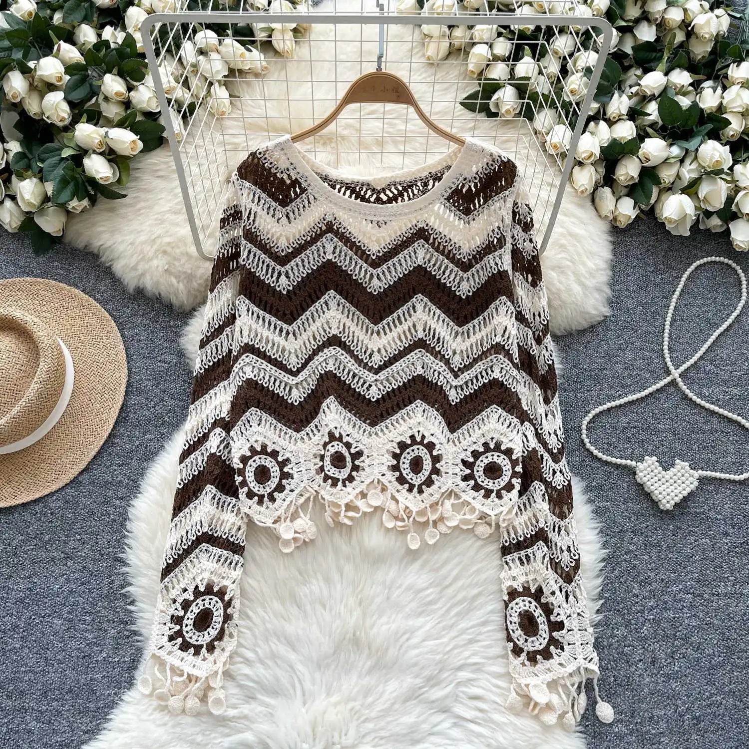 Handmade Knitted V-Neck Wavy Striped Crochet Sweater