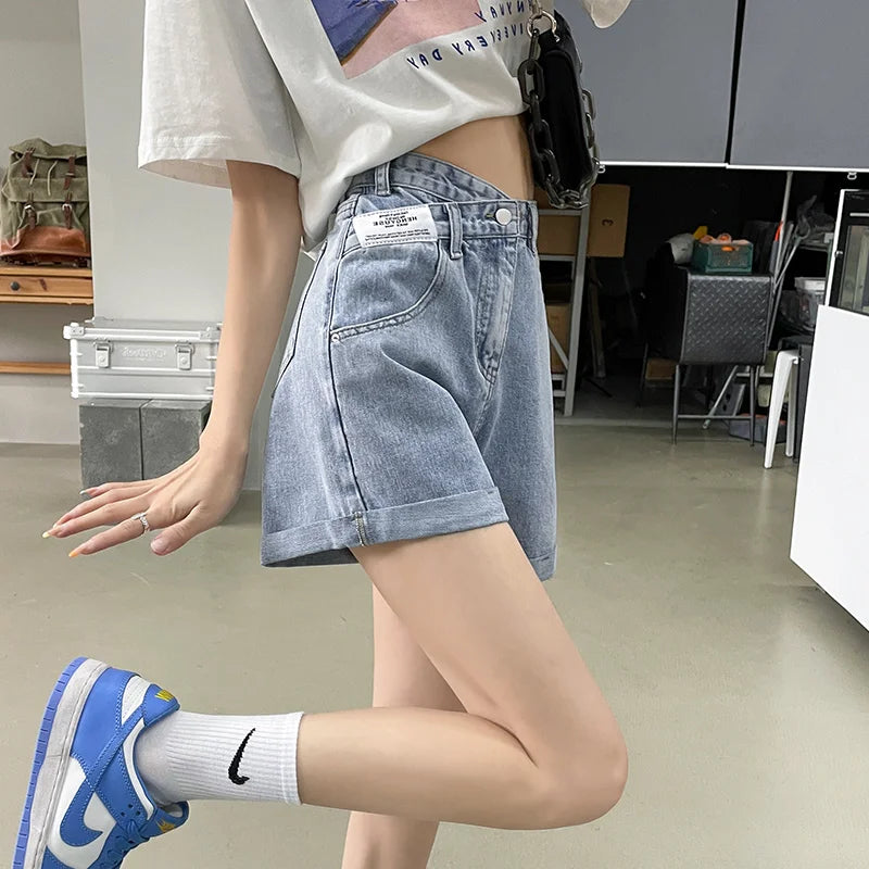 Y2K Asymmetric Waist Detail Denim Shorts