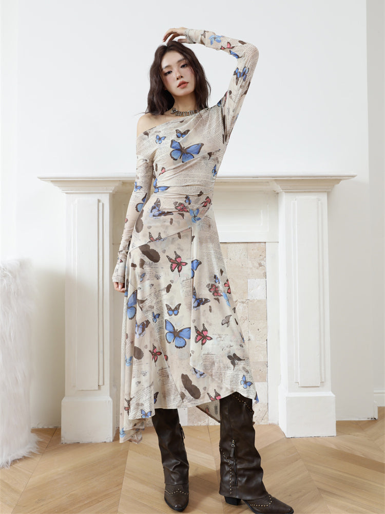 Butterfly Print Off Shoulder Maxi Dress