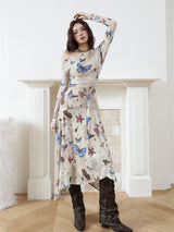 Butterfly Print Off Shoulder Maxi Dress