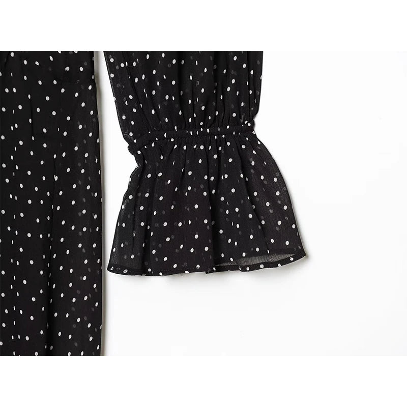 French Style Polka Dot High Neck Pleated Chiffon Dress
