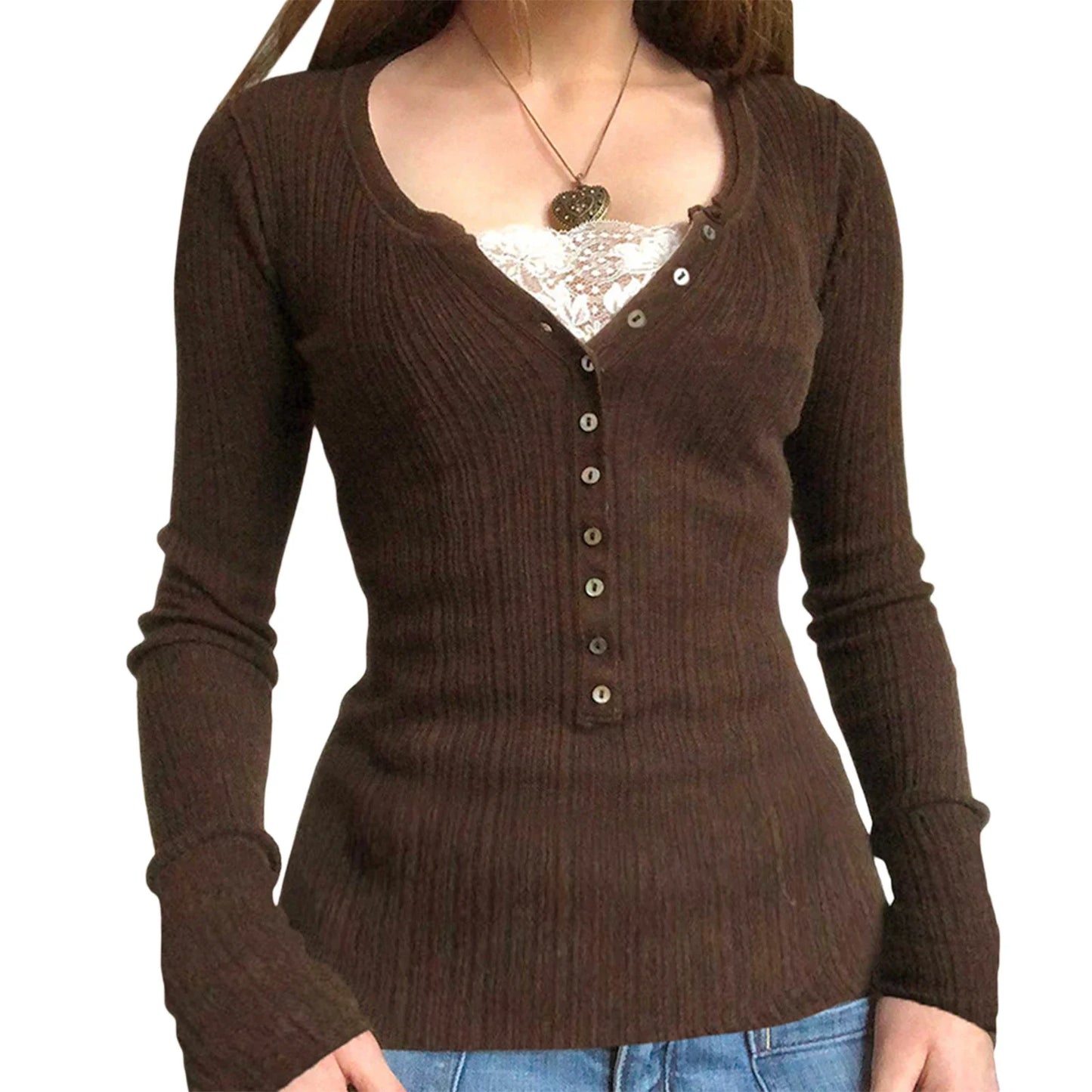 Grunge V-neck Button Long Sleeve Top