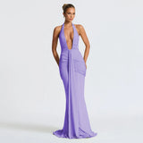 Ruched Deep Plunge Maxi Dress