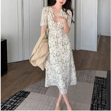 Green Floral V-neck Chiffon Midi Dress