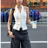 White Summer Halter Ruffles Blouse Shirt