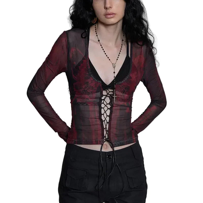 Grunge Aesthetics Tattoo Print Mesh Top