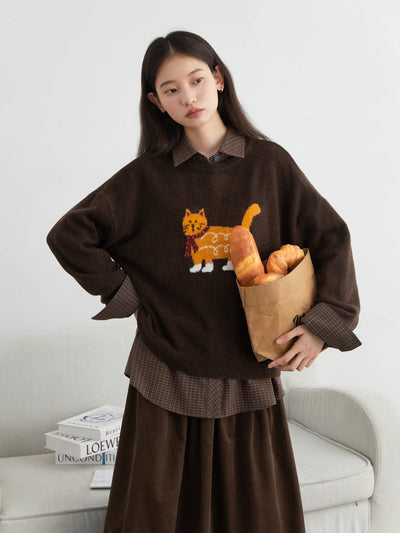 O-neck Orange Cat Sweater