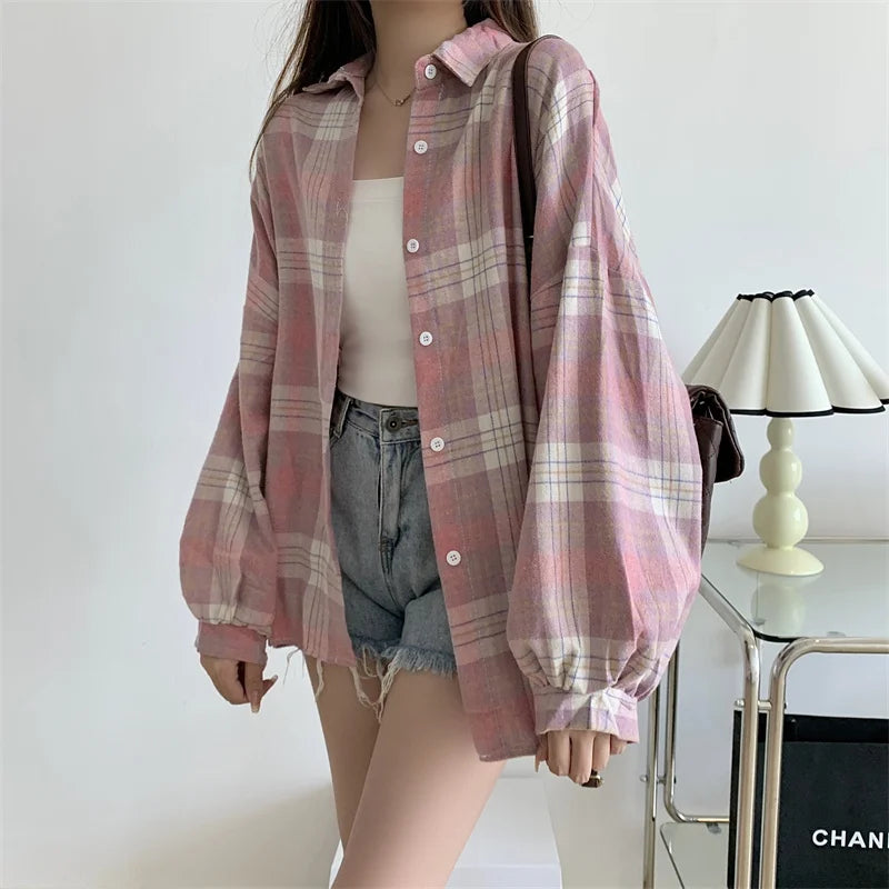 Oversized-Tartan-Jacken-T-Shirt mit Kragen