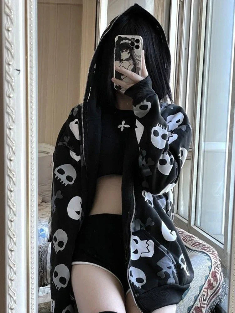 Cyberpunk Skull Print Zip-Up Goth Hoodie