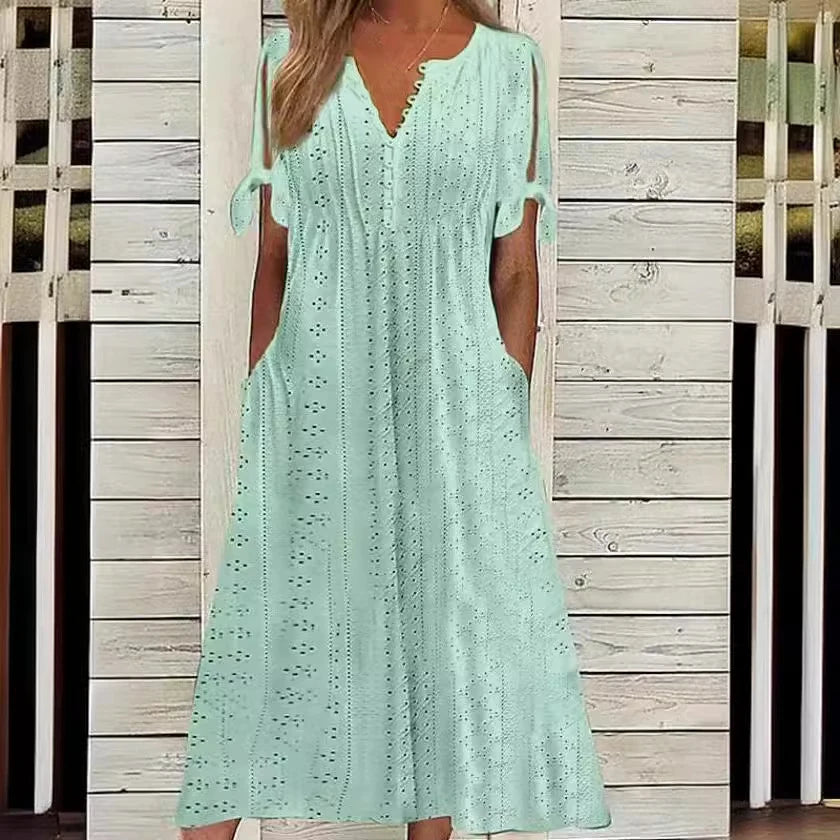 Old Money V-neck Boho White Midi Dress
