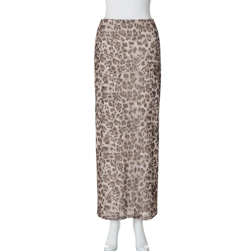 Leopard print skirt on a white mannequin against a white background