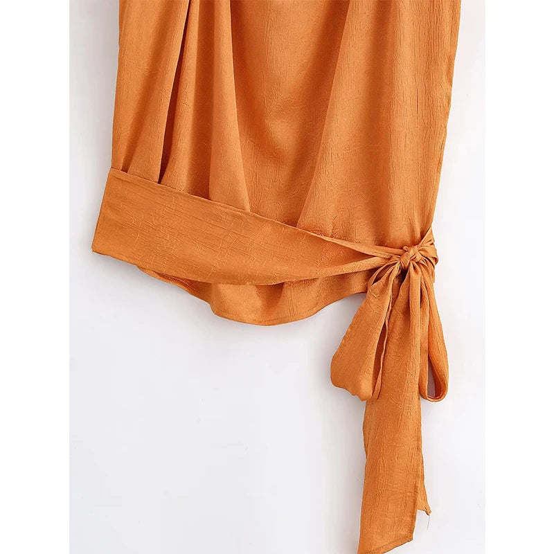 High Neck Sleeveless Satin Orange Blouse