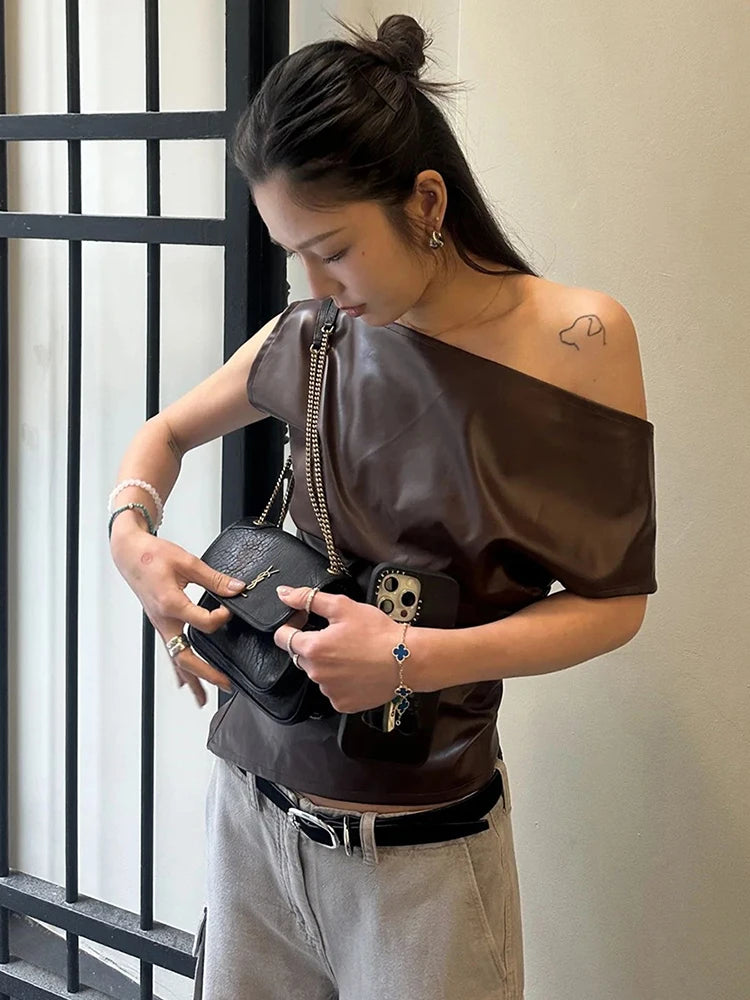 Y2K Faux Leather Brown Top