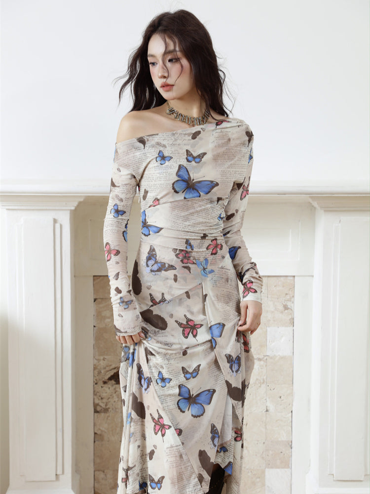 Butterfly Print Off Shoulder Maxi Dress