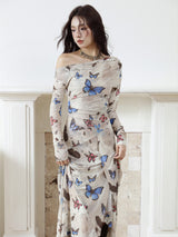 Butterfly Print Off Shoulder Maxi Dress