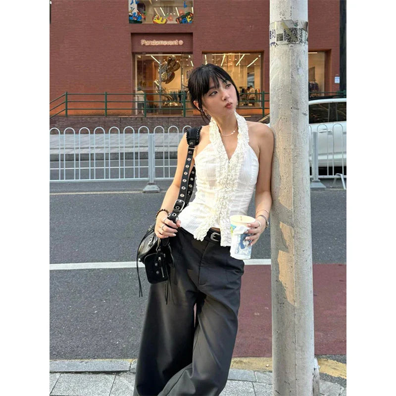 White Summer Halter Ruffles Blouse Shirt