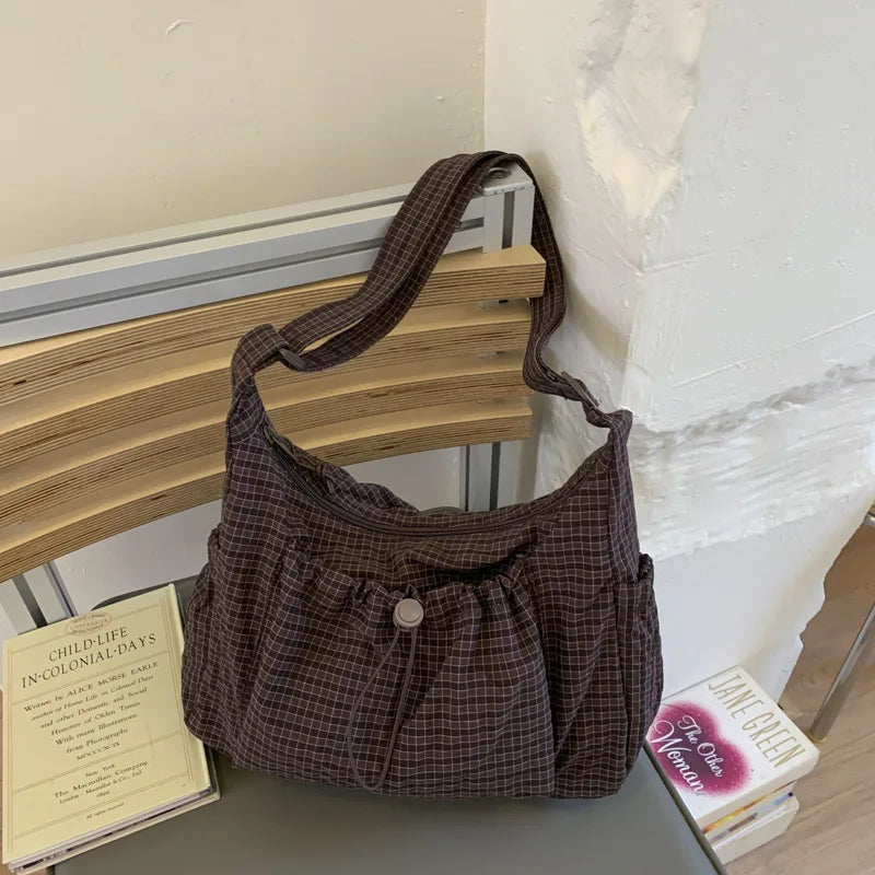 Korean Plaid Zipper Pleated Shoulder Bag